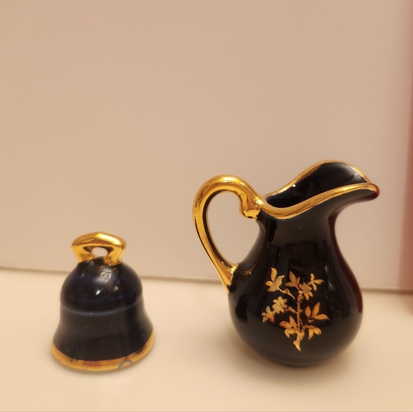 Limoges Cobalt Elegant and 14K Gold Floral Porcelain Pitcher & Bell - Picture 2 of 7